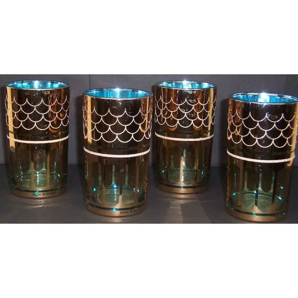 Vintage MCM 8pc Curated 6 oz Bar Glass Set Made in Korea with Wire Caddy